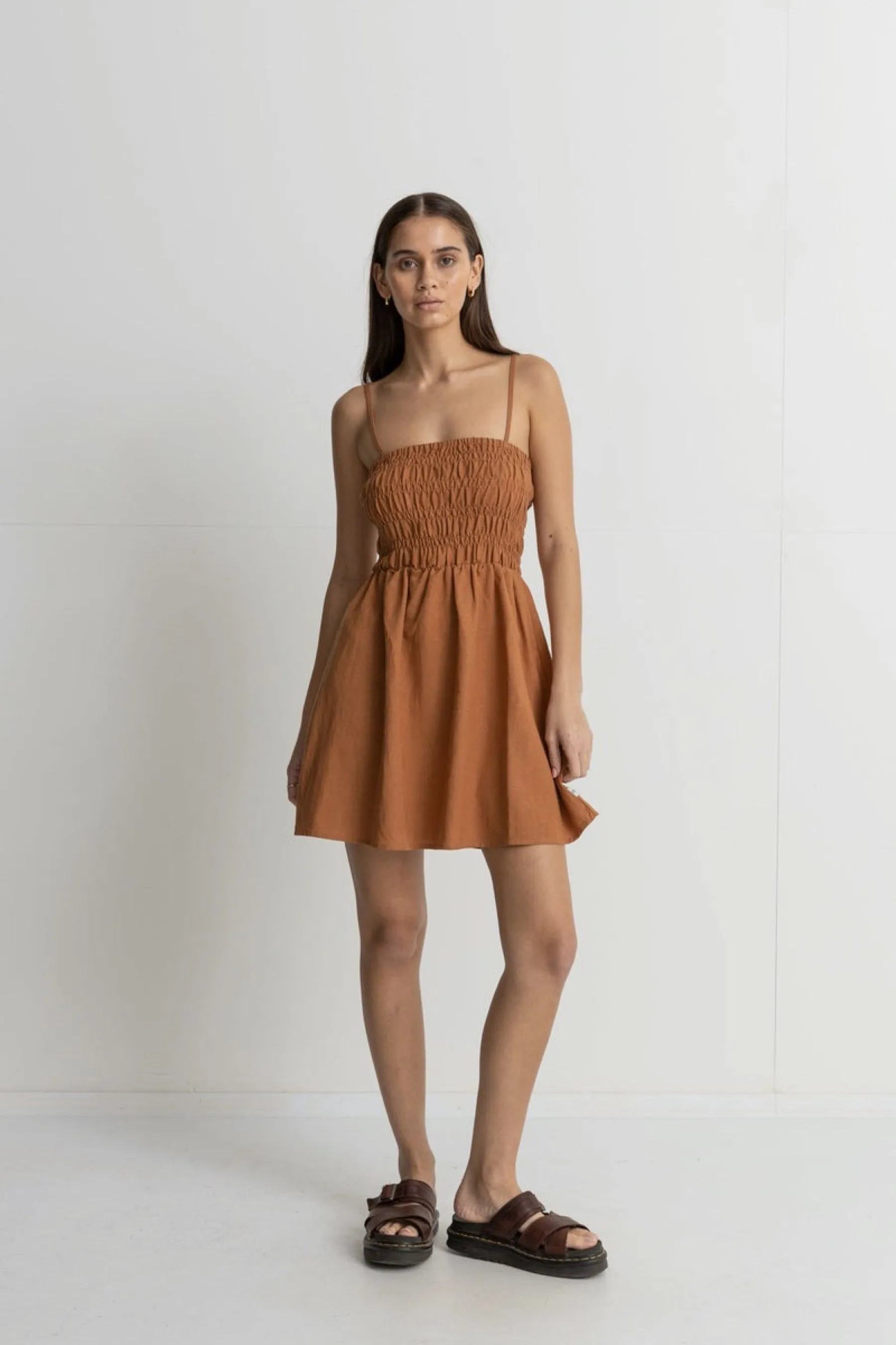 Caramel Classic Shirred Mini Dress