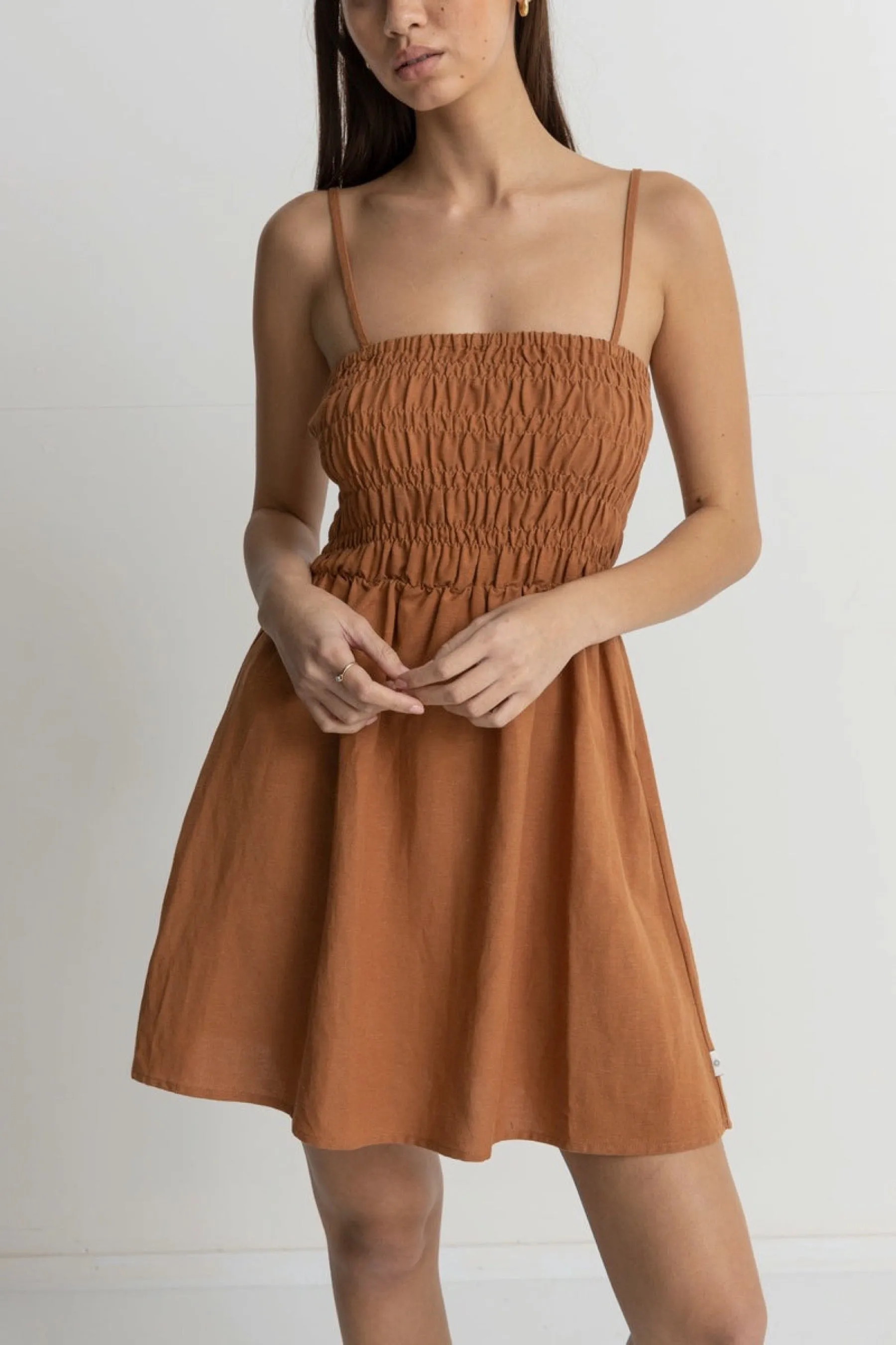 Caramel Classic Shirred Mini Dress