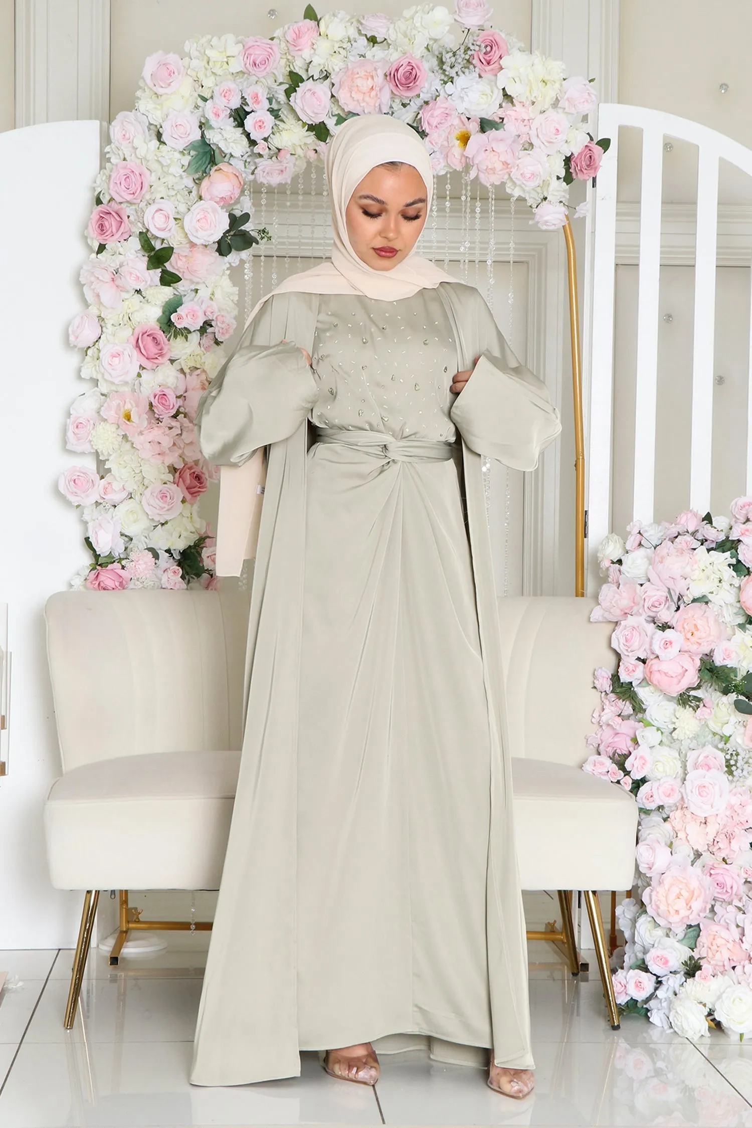 Celene Beaded Wrap Abaya Set- Light Sage