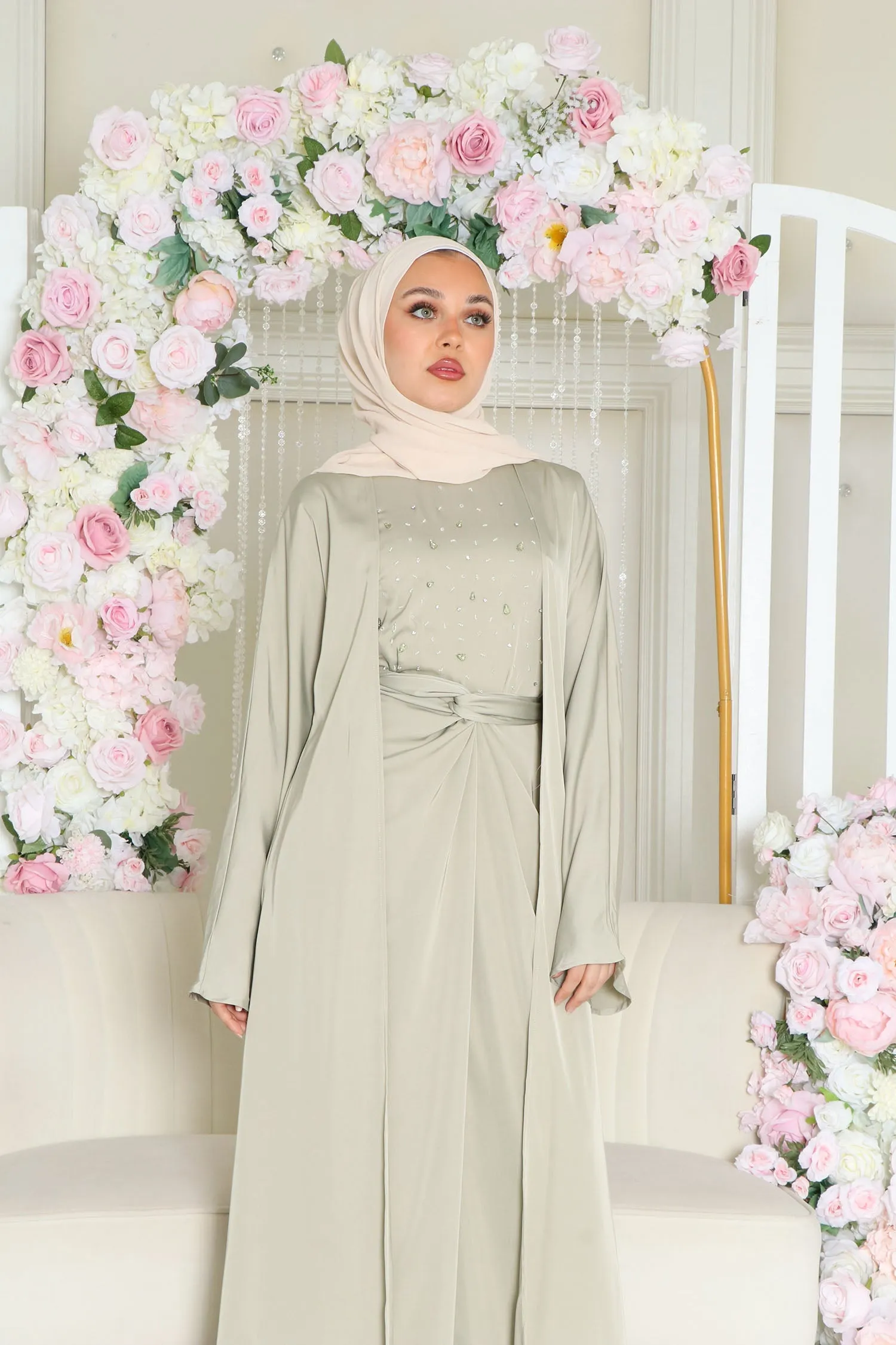 Celene Beaded Wrap Abaya Set- Light Sage