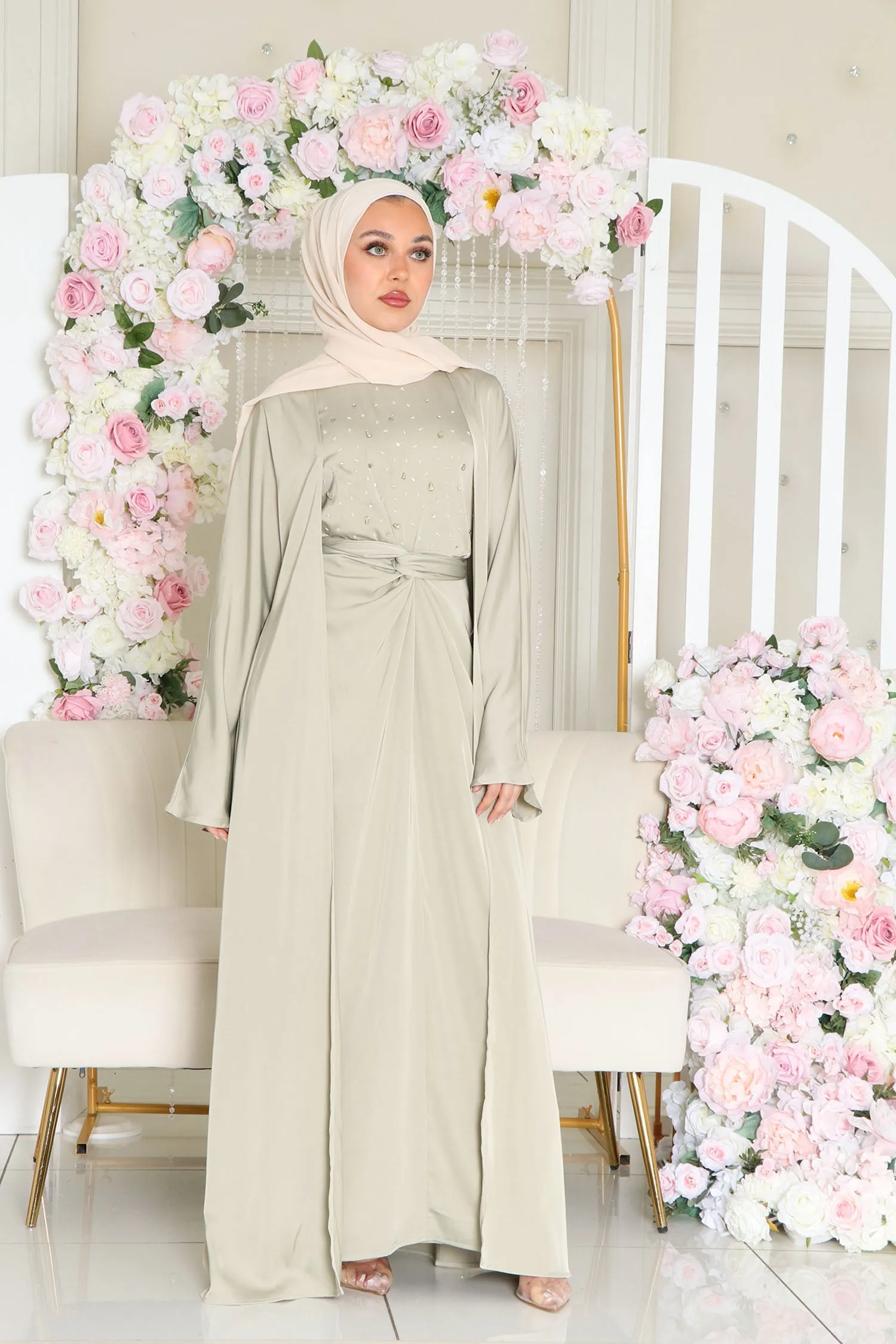 Celene Beaded Wrap Abaya Set- Light Sage