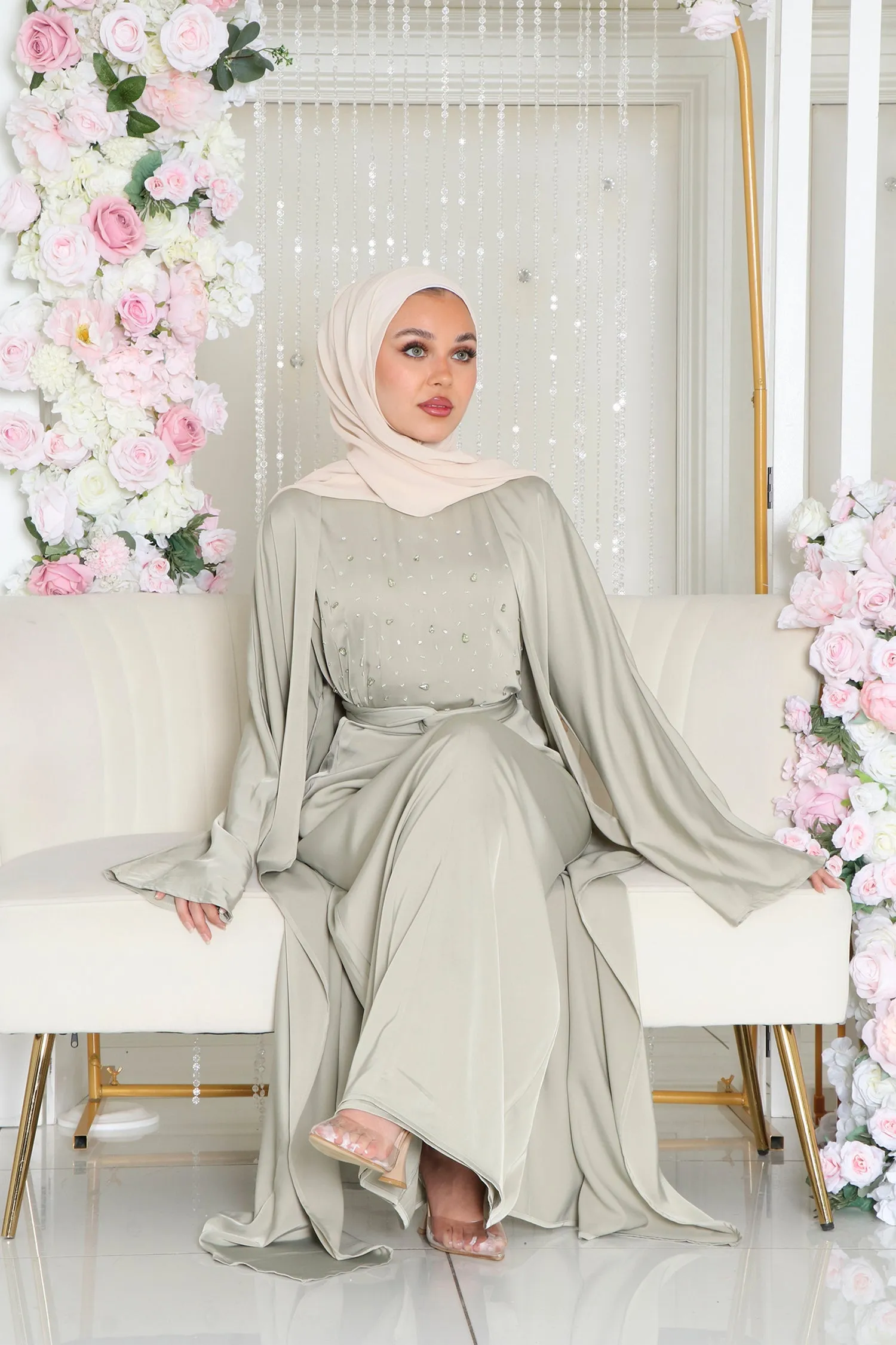 Celene Beaded Wrap Abaya Set- Light Sage