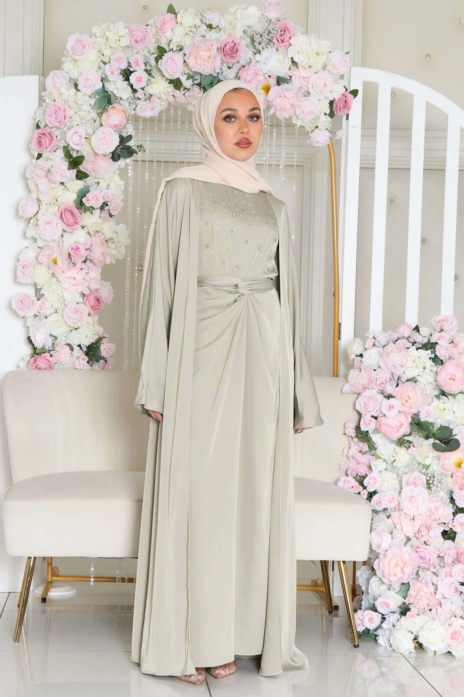 Celene Beaded Wrap Abaya Set- Light Sage