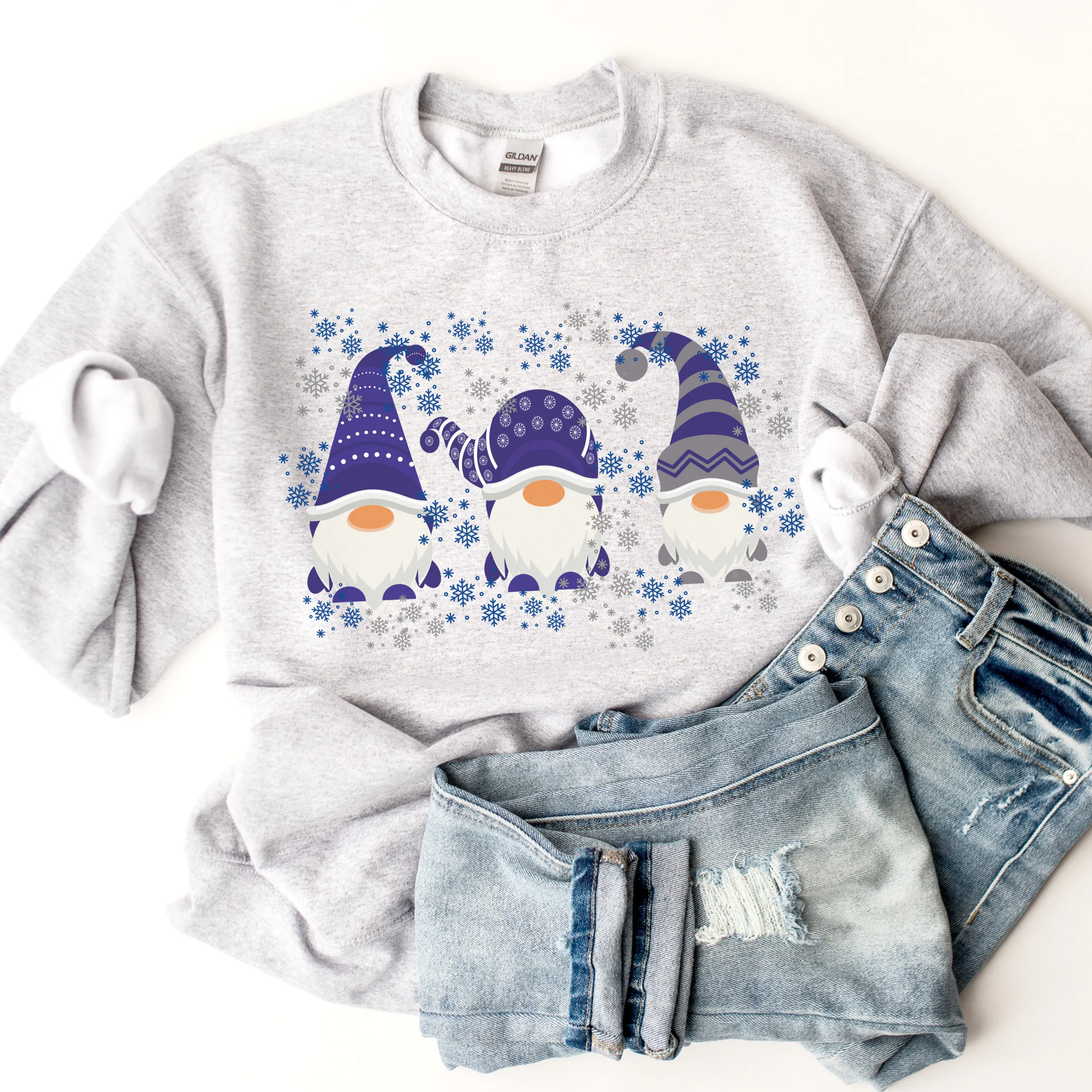 Christmas Crewneck Sweatshirt Women's pullover Three Cute Blue Gnomes in White, Navy or Ash Gift for Her