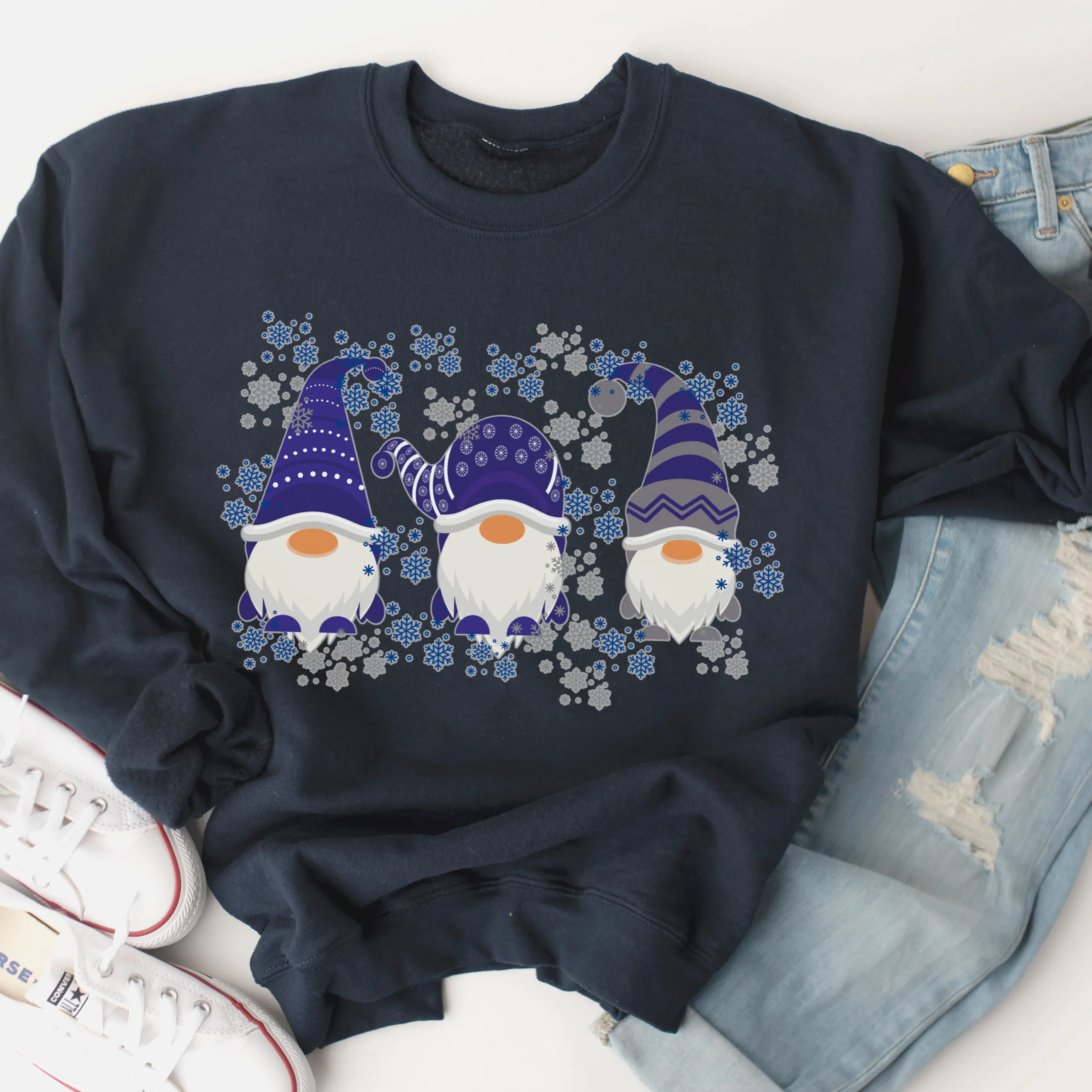 Christmas Crewneck Sweatshirt Women's pullover Three Cute Blue Gnomes in White, Navy or Ash Gift for Her