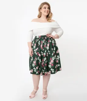 Collectif Plus Size 1950s Dark Green Vintage Bloom Jasmine Swing Skirt