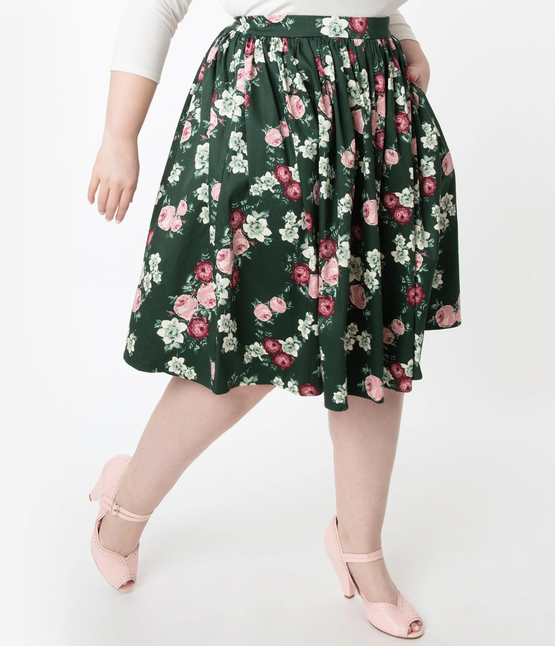 Collectif Plus Size 1950s Dark Green Vintage Bloom Jasmine Swing Skirt