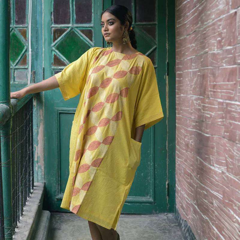 Cotton Knee Length Dress | Embroidered | Yellow