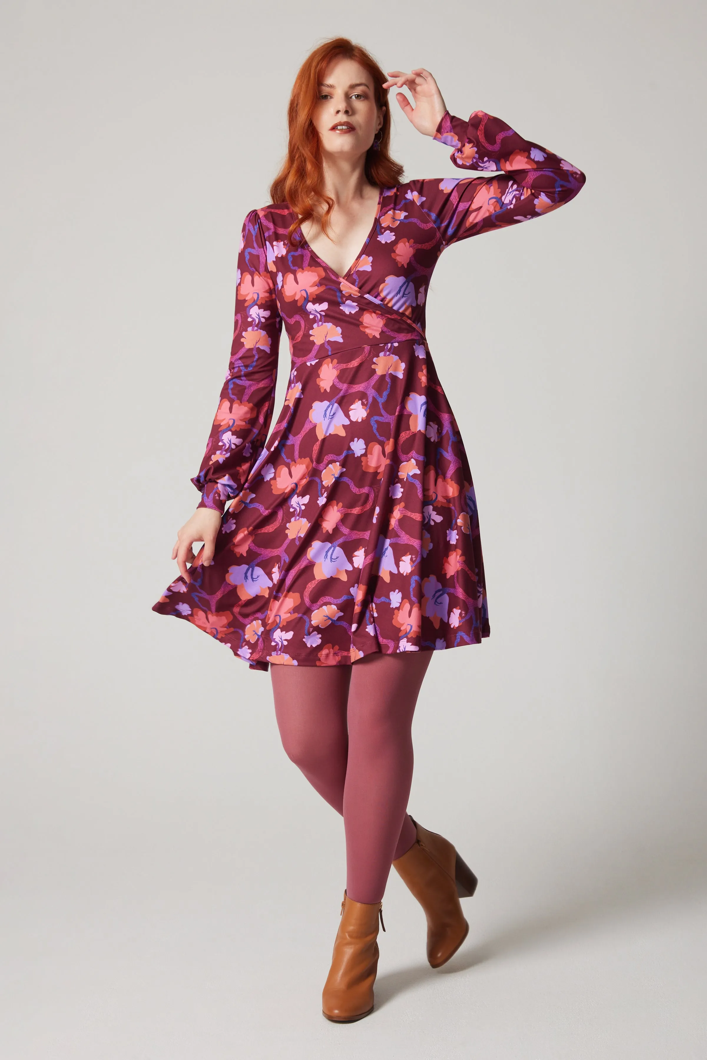 Cross Over Dress - Branching - Burgundy