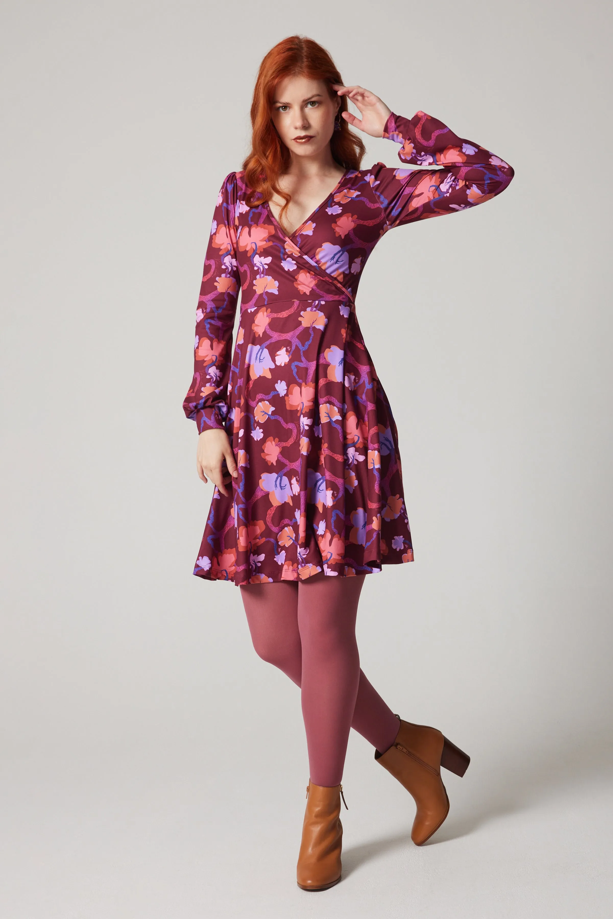 Cross Over Dress - Branching - Burgundy