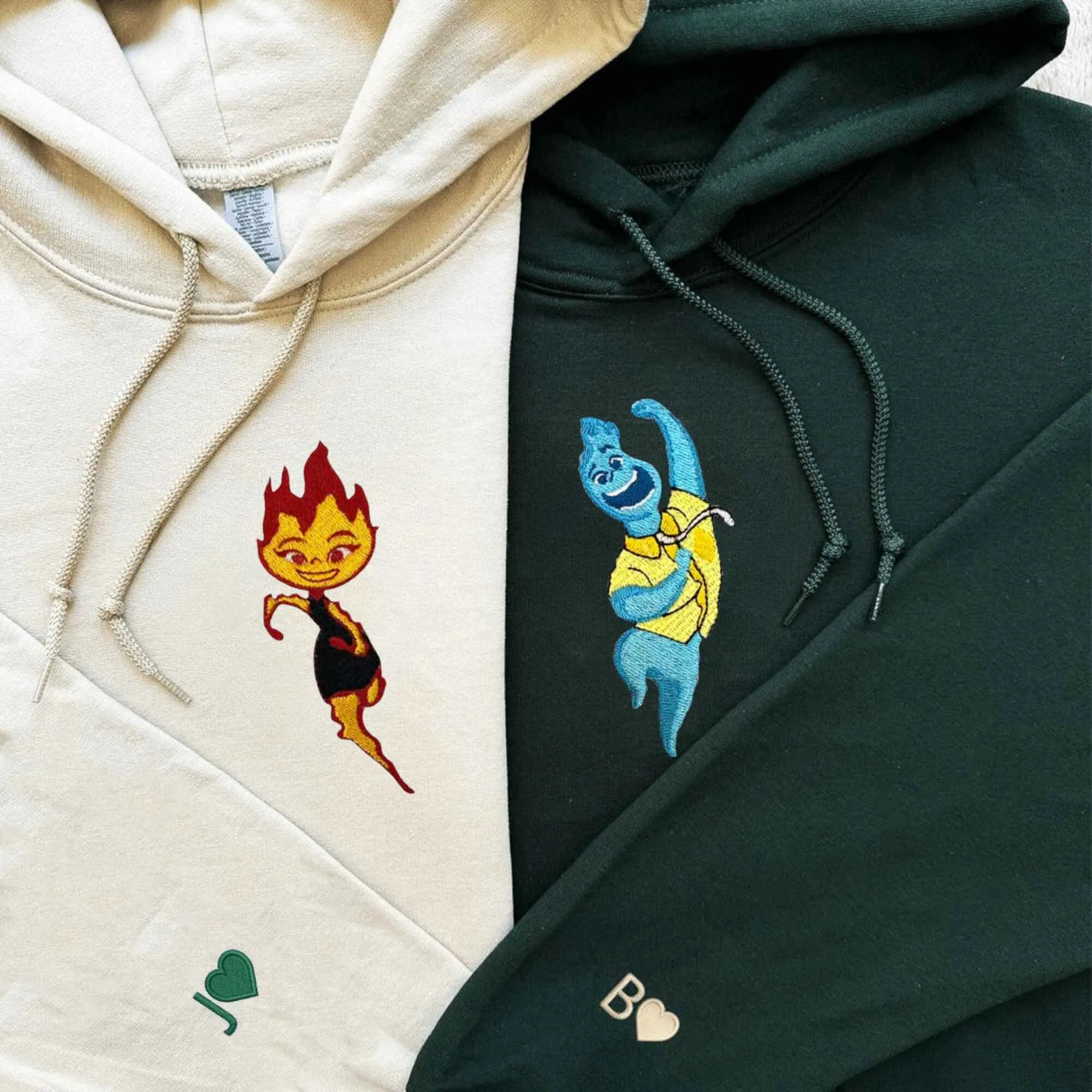 Custom Embroidered Fire and Water Hoodies for Couples | Playful and Cute Design