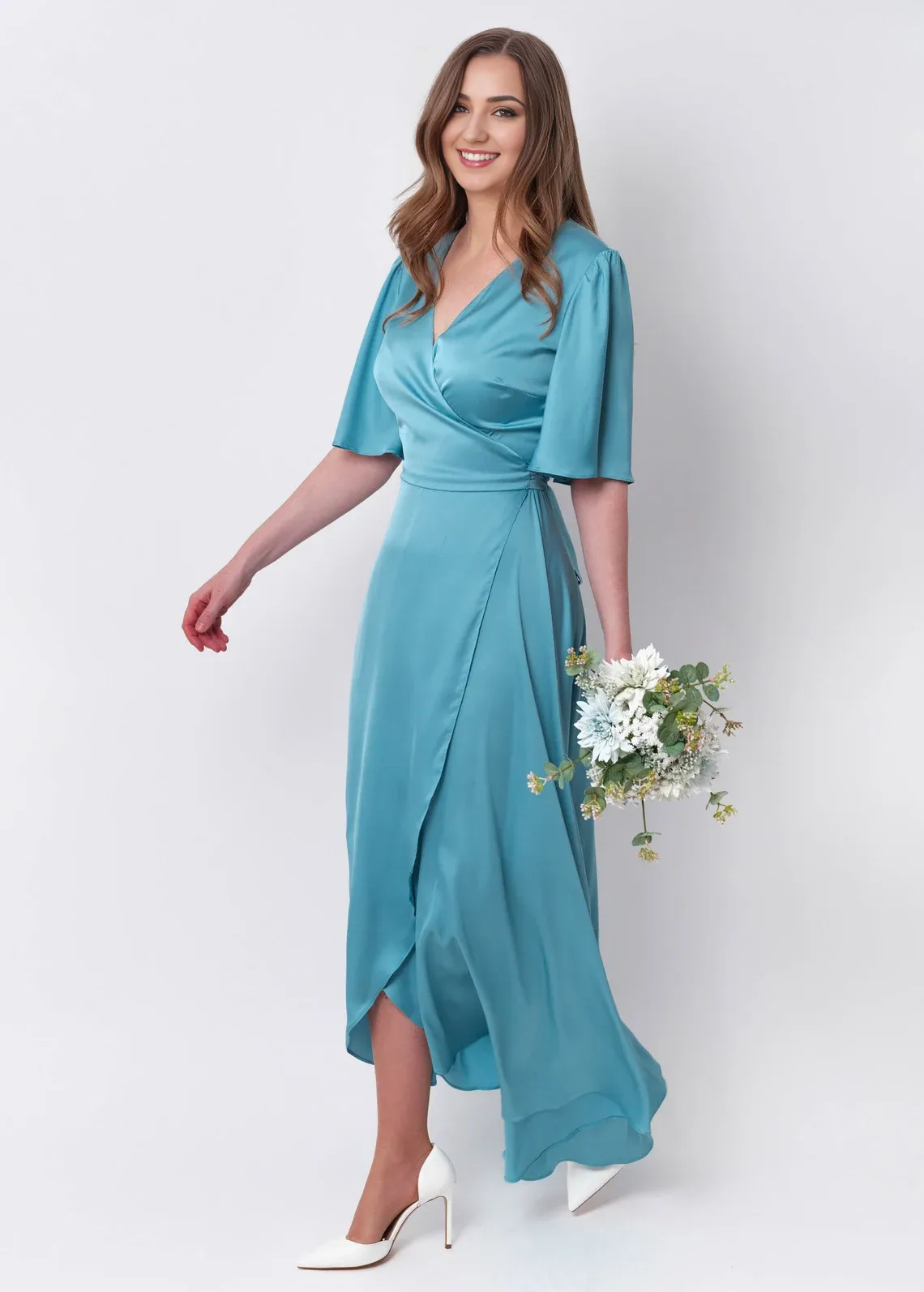 Dusty Blue A-Line Silk Dress Wrap Dress Bridesmaid Dress Wedding Guest Dress