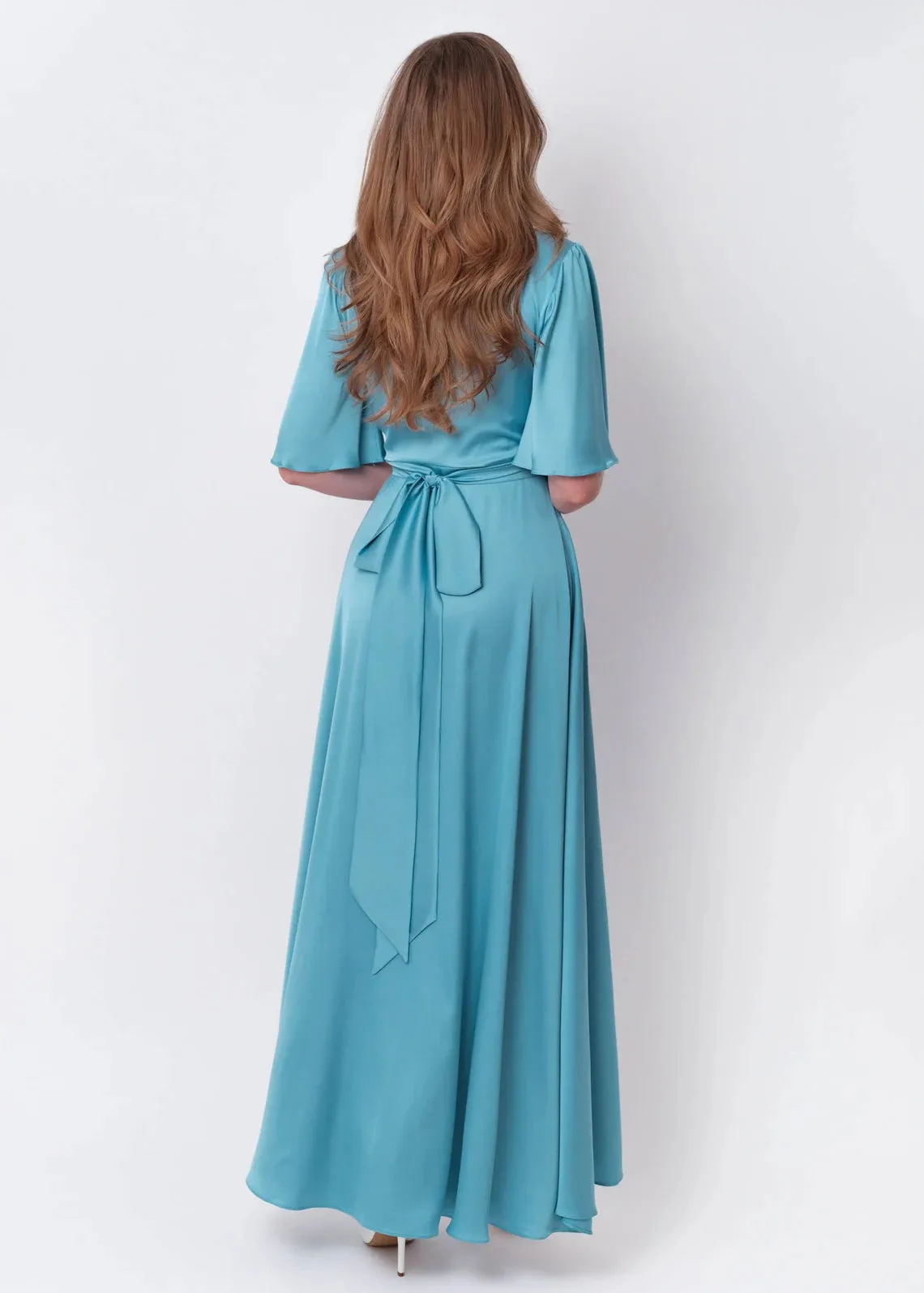 Dusty Blue A-Line Silk Dress Wrap Dress Bridesmaid Dress Wedding Guest Dress