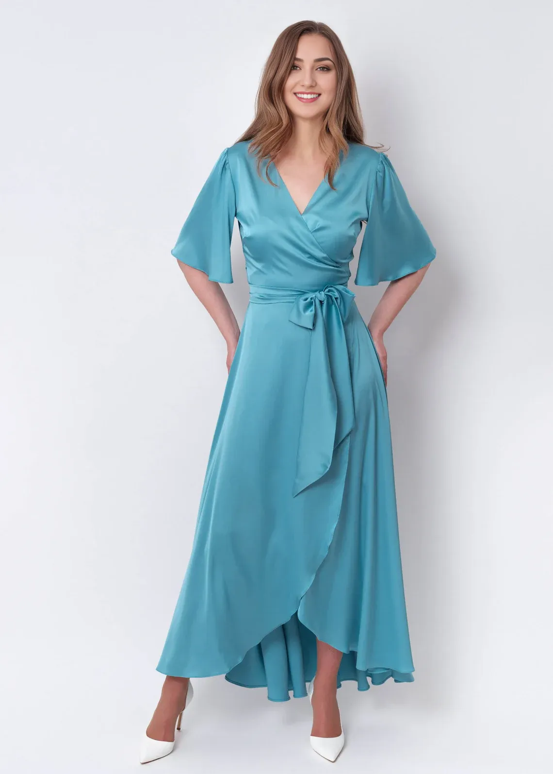 Dusty Blue A-Line Silk Dress Wrap Dress Bridesmaid Dress Wedding Guest Dress