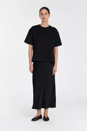 EMELIA BLACK SATIN MIDI SKIRT