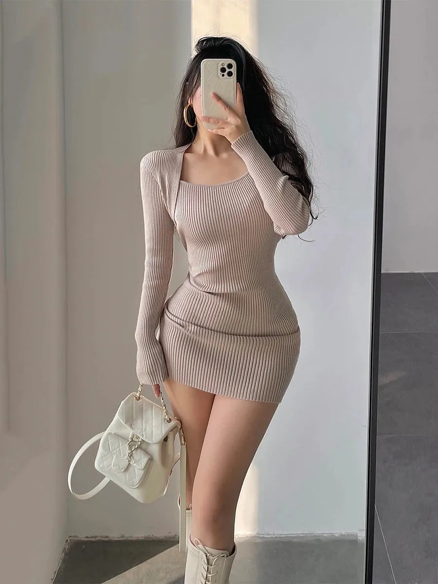 Fashion Knitted Dress Women Long Sleeve Short Party Dress Elegant Autumn Slim Sexy Y2k Mini Dress Casual Femal C-261