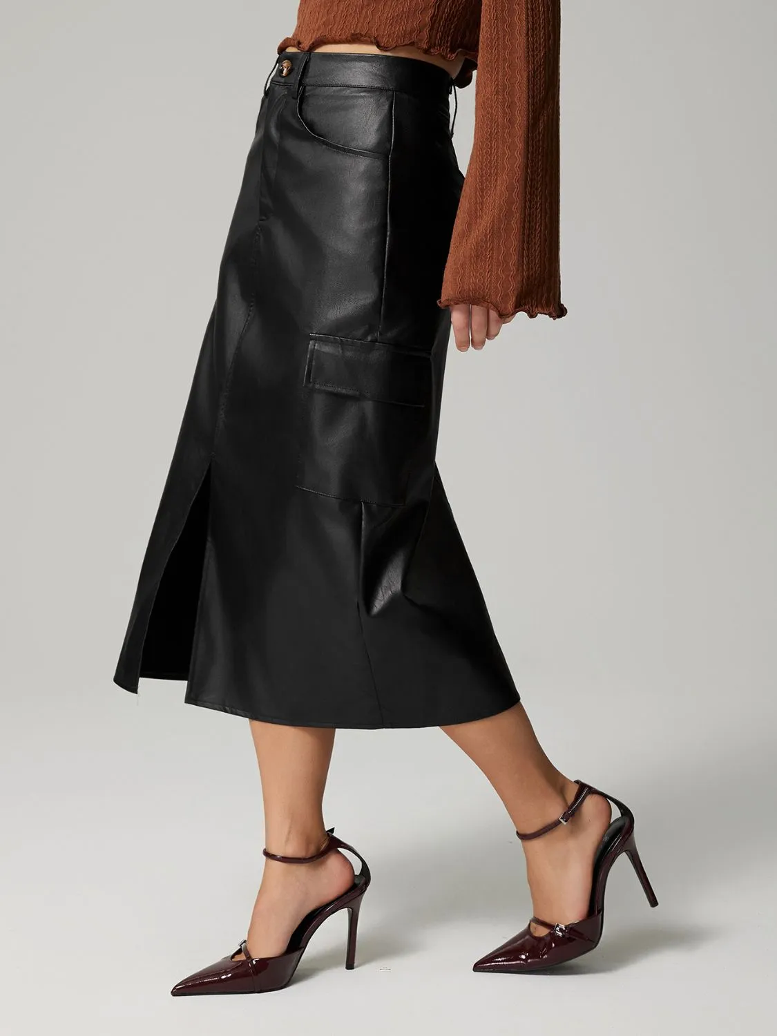 Faux Leather Slit Midi Skirt with Pockets