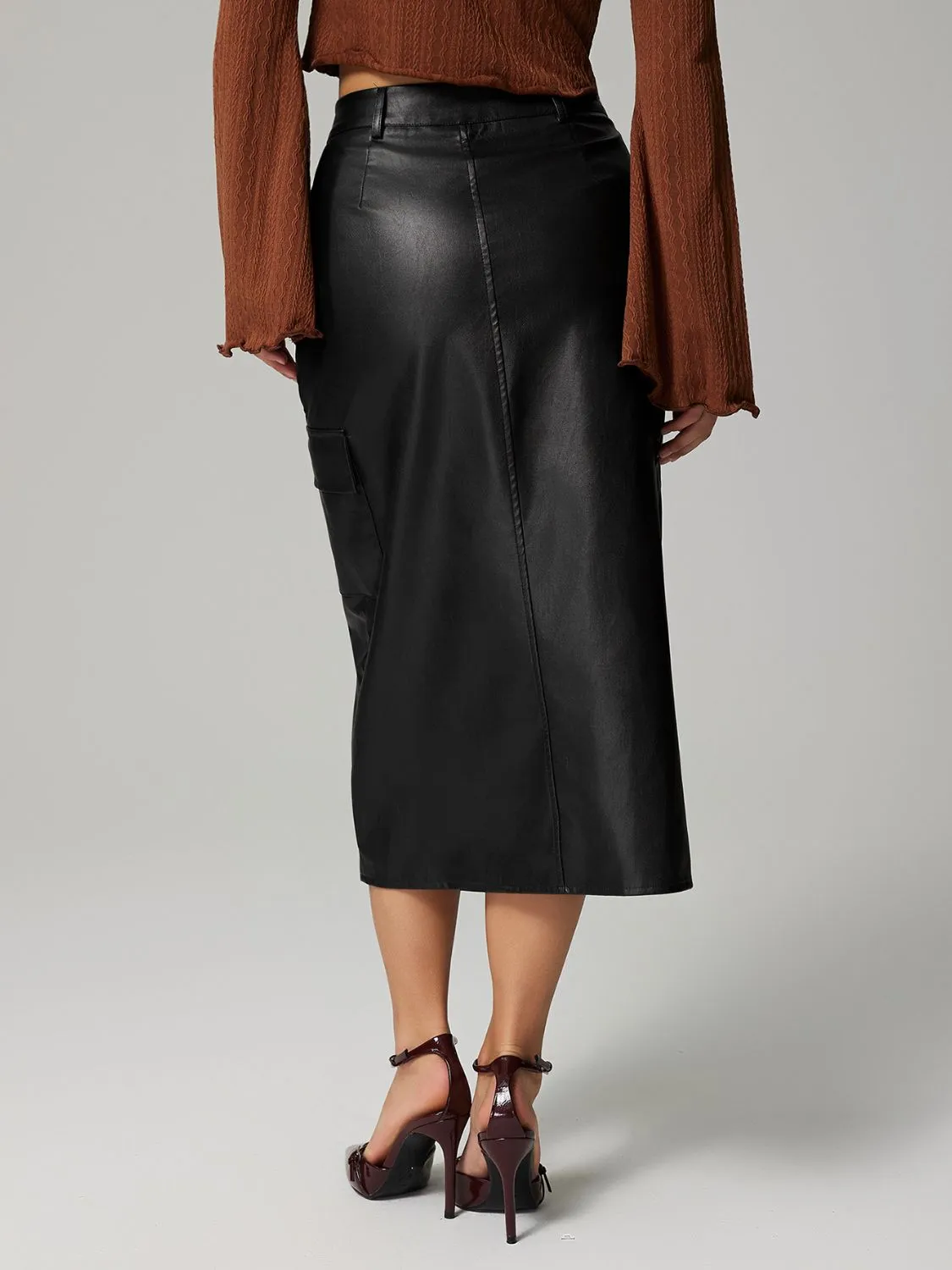 Faux Leather Slit Midi Skirt with Pockets