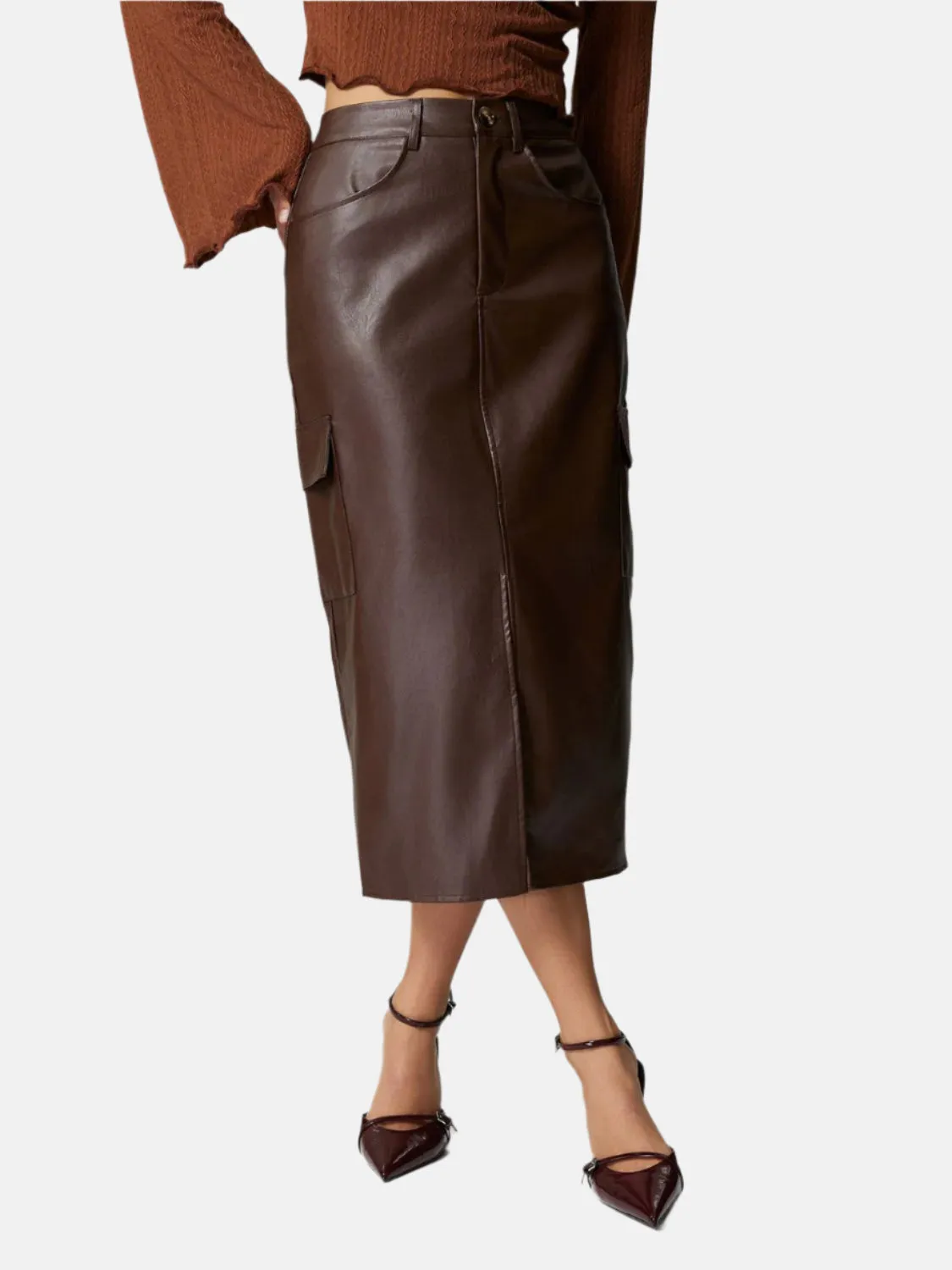 Faux Leather Slit Midi Skirt with Pockets