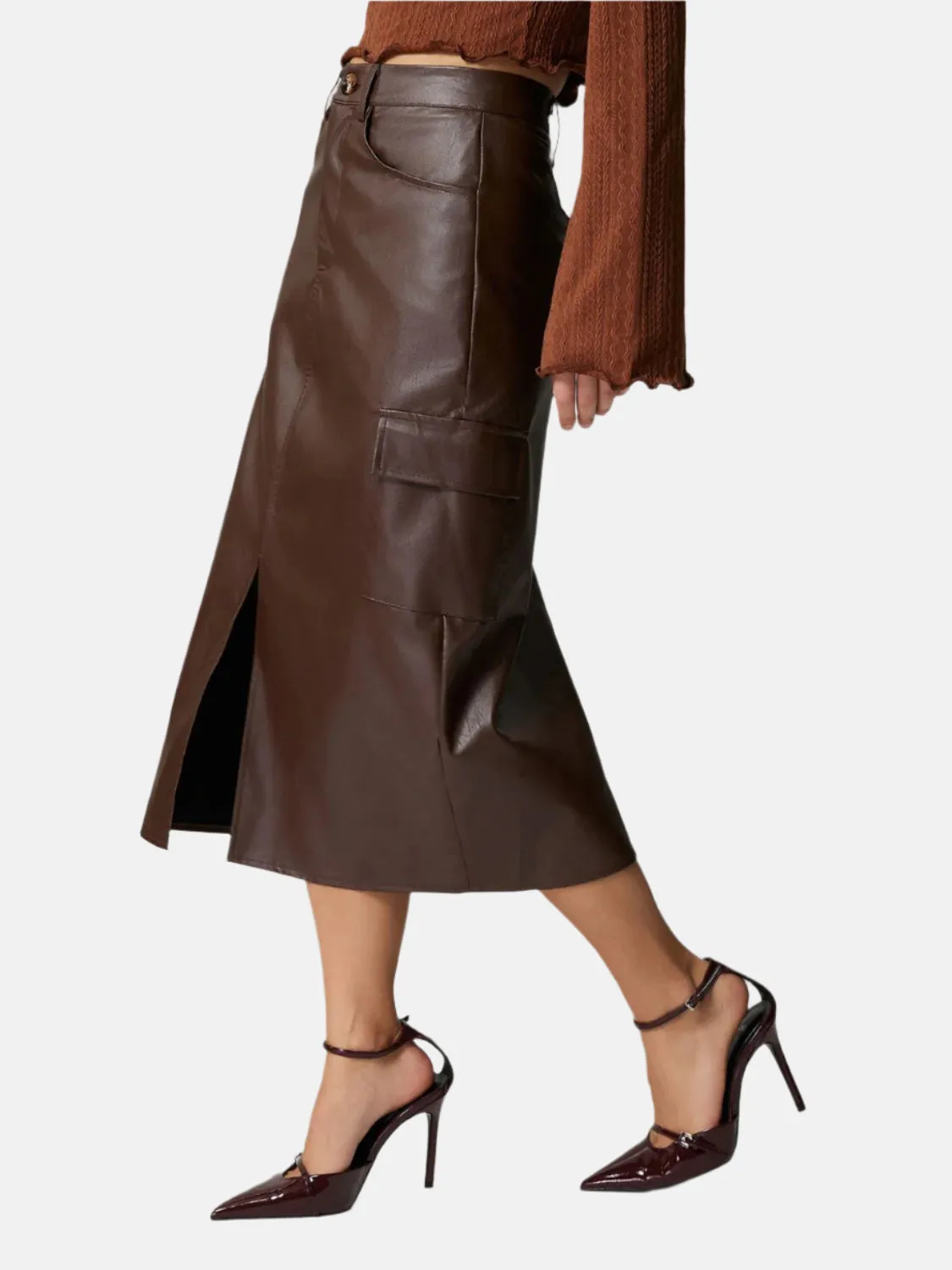 Faux Leather Slit Midi Skirt with Pockets