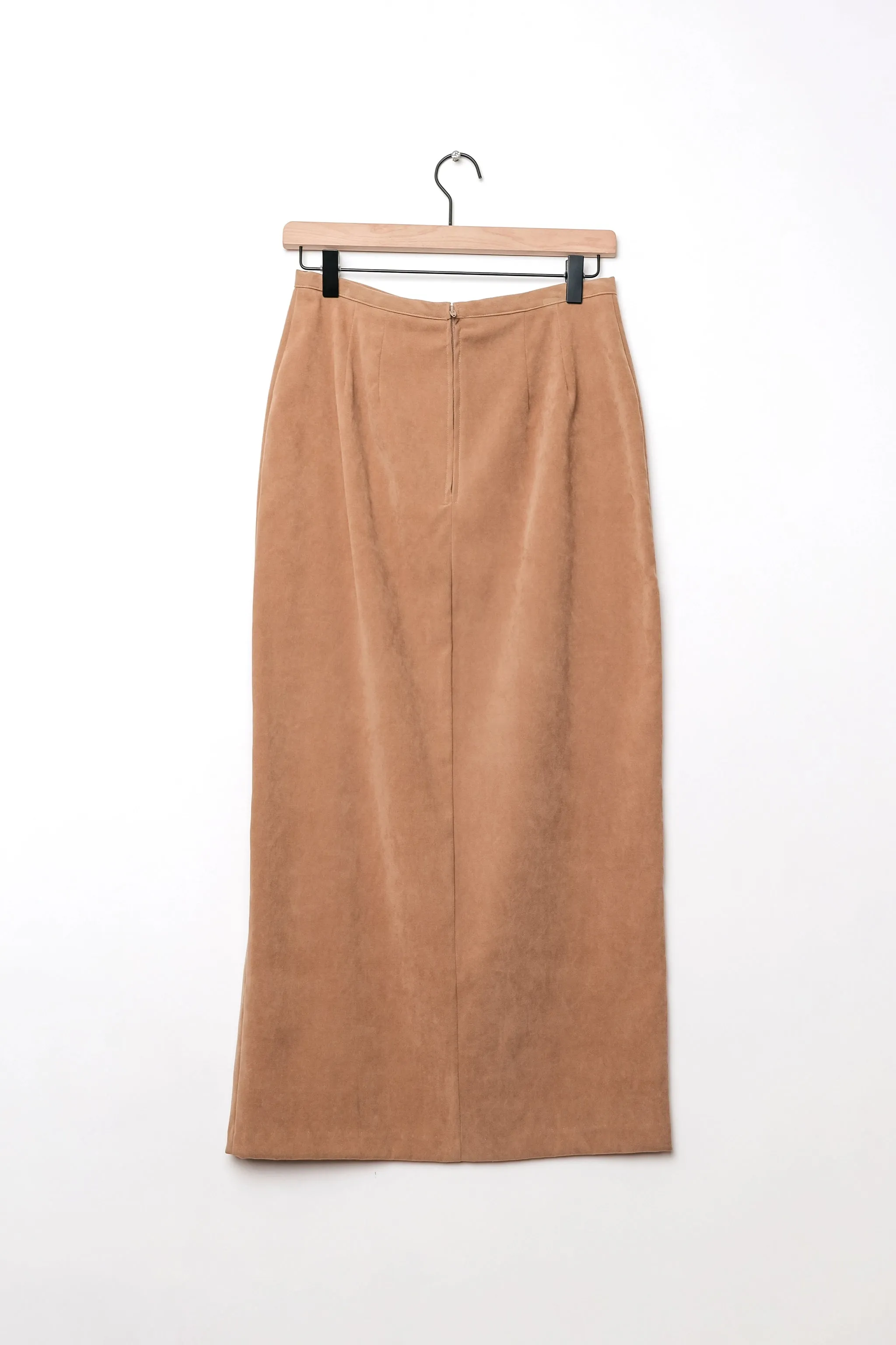 Faux Suede Tan High Waisted Midi Skirt US 8 M/L Y2K First Option Lightweight