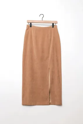 Faux Suede Tan High Waisted Midi Skirt US 8 M/L Y2K First Option Lightweight