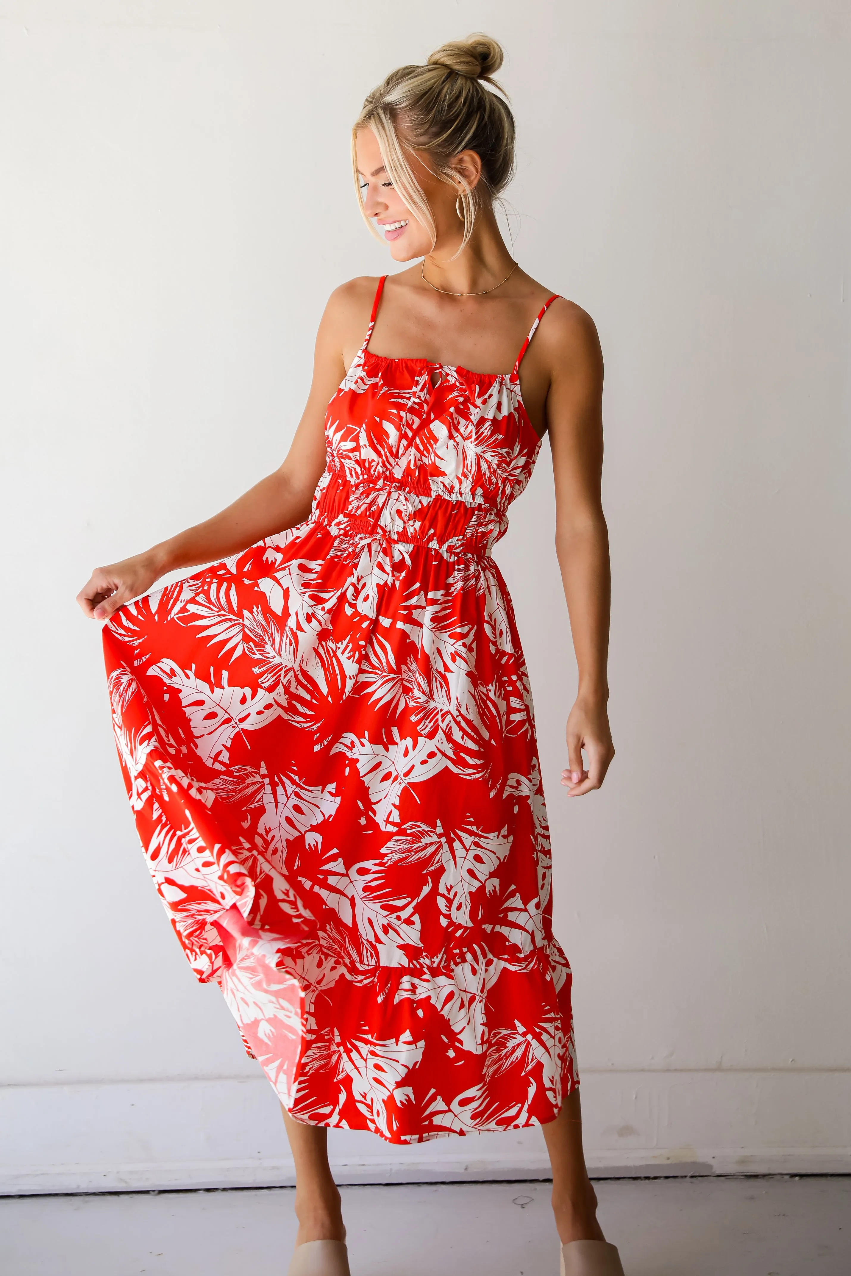 FINAL SALE - Perfect Paradise Orange Tropical Print Midi Dress