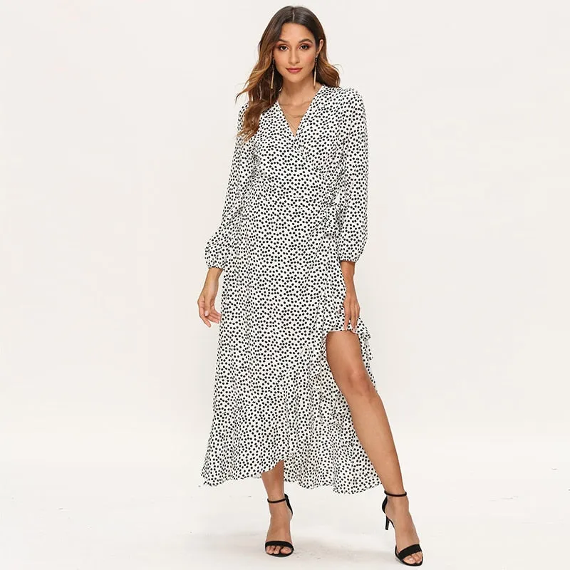 Floral Print Long Sleeve Ruffle Wrap Slit Maxi Dress