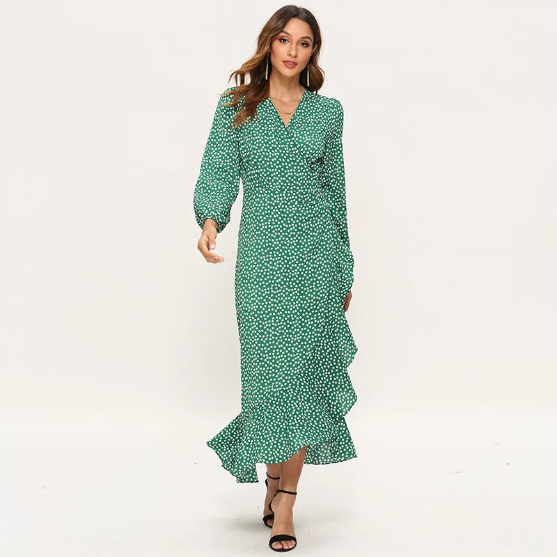 Floral Print Long Sleeve Ruffle Wrap Slit Maxi Dress