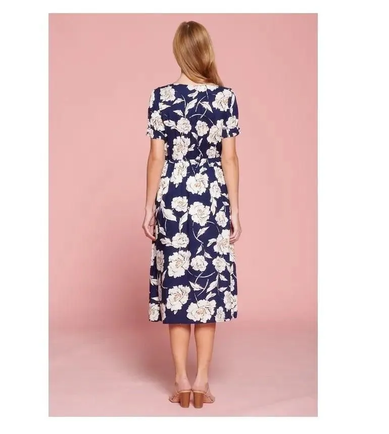 Floral Print Midi Dress With Button Detail