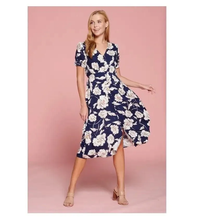 Floral Print Midi Dress With Button Detail