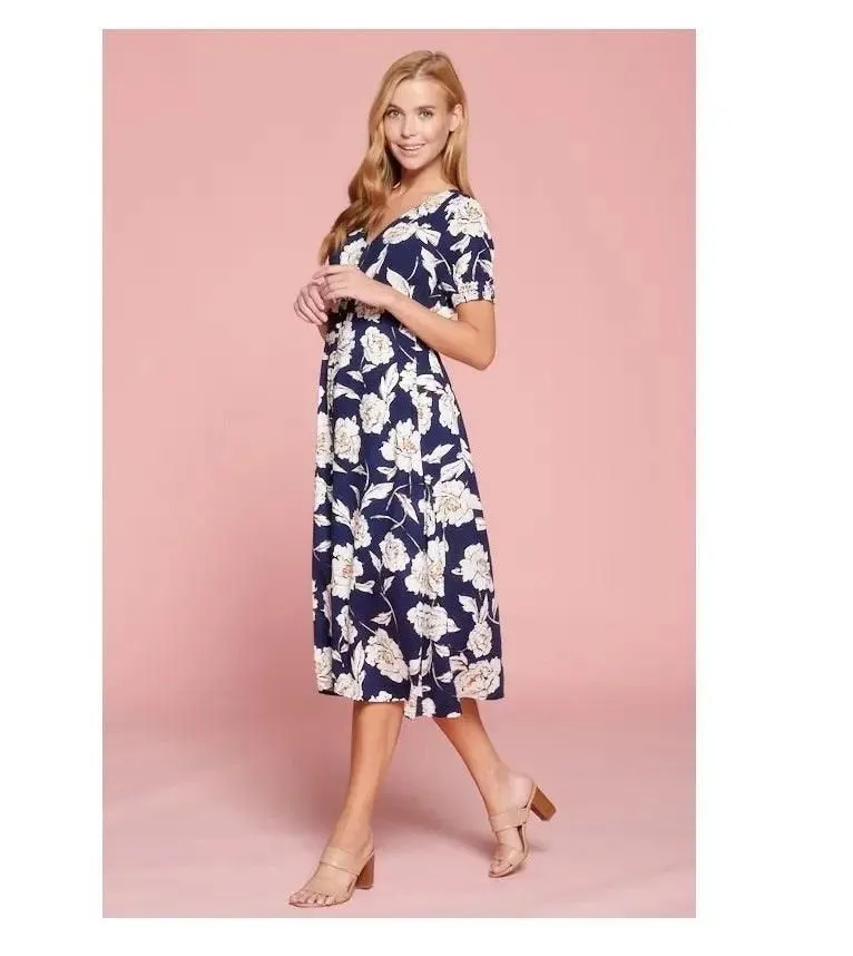 Floral Print Midi Dress With Button Detail