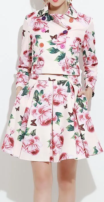 Floral Printed Double-Breasted Jacket & Skirt Set