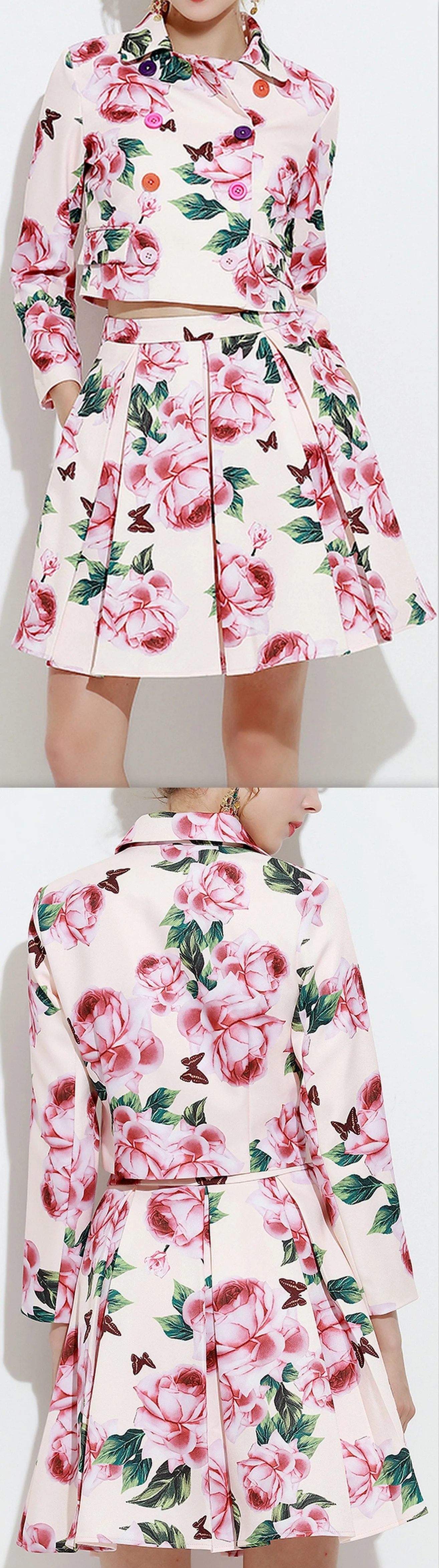 Floral Printed Double-Breasted Jacket & Skirt Set