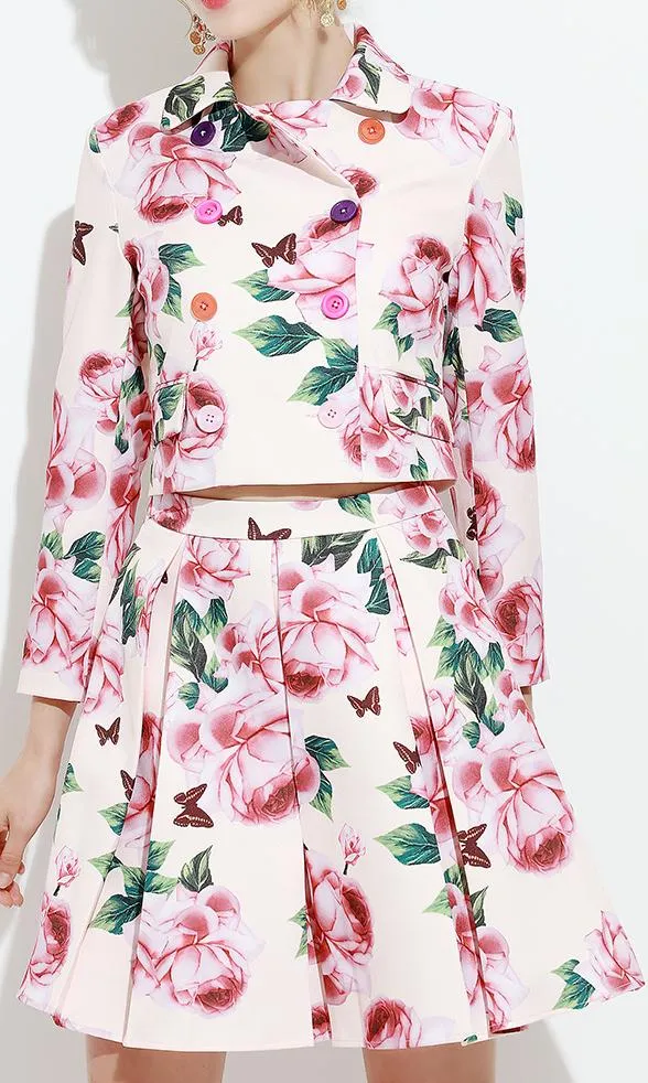 Floral Printed Double-Breasted Jacket & Skirt Set