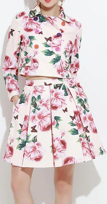 Floral Printed Double-Breasted Jacket & Skirt Set