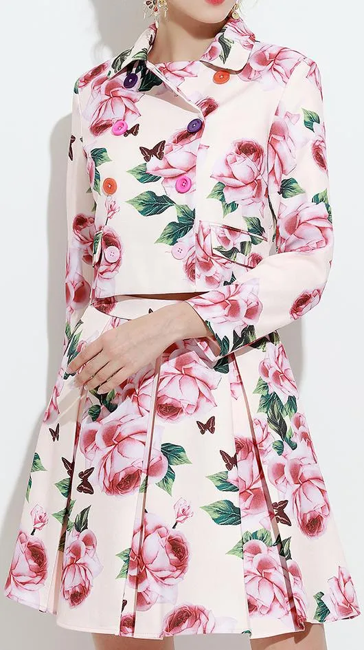 Floral Printed Double-Breasted Jacket & Skirt Set