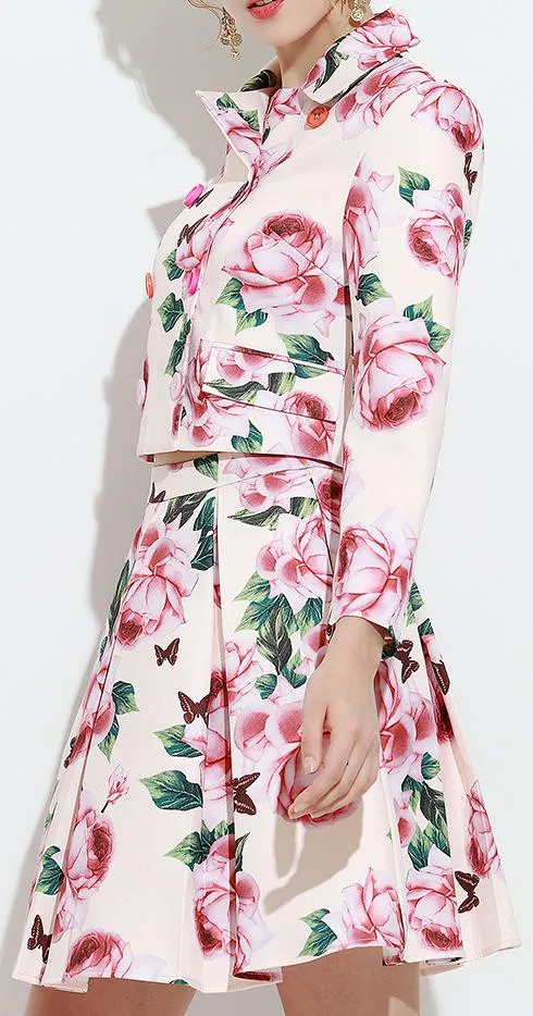 Floral Printed Double-Breasted Jacket & Skirt Set