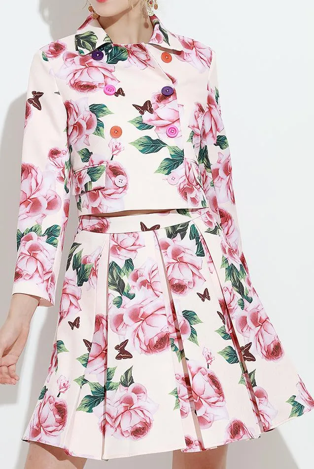 Floral Printed Double-Breasted Jacket & Skirt Set