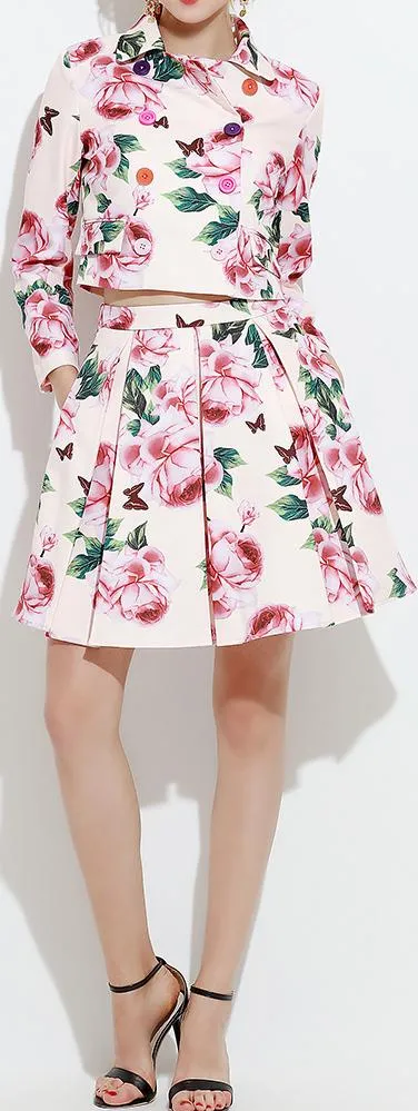 Floral Printed Double-Breasted Jacket & Skirt Set