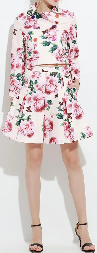 Floral Printed Double-Breasted Jacket & Skirt Set