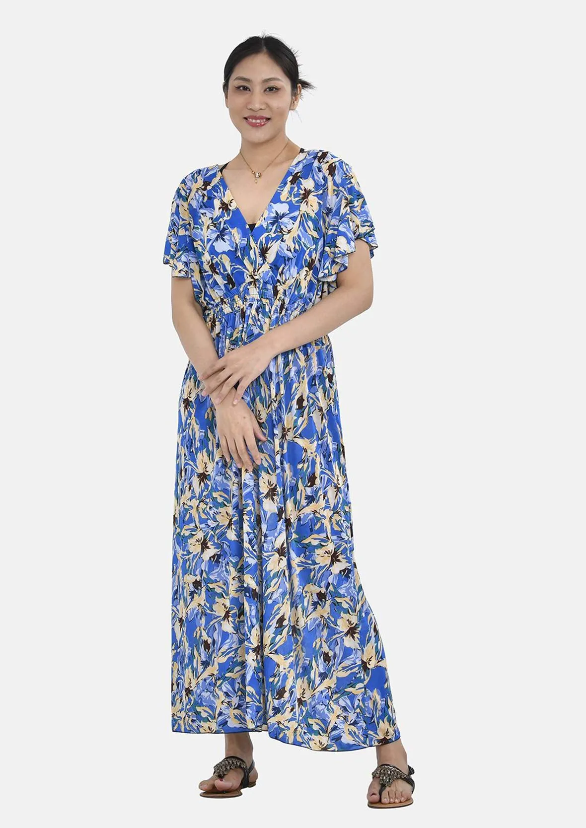 Flutter Sleeves Smocked Midi Dress