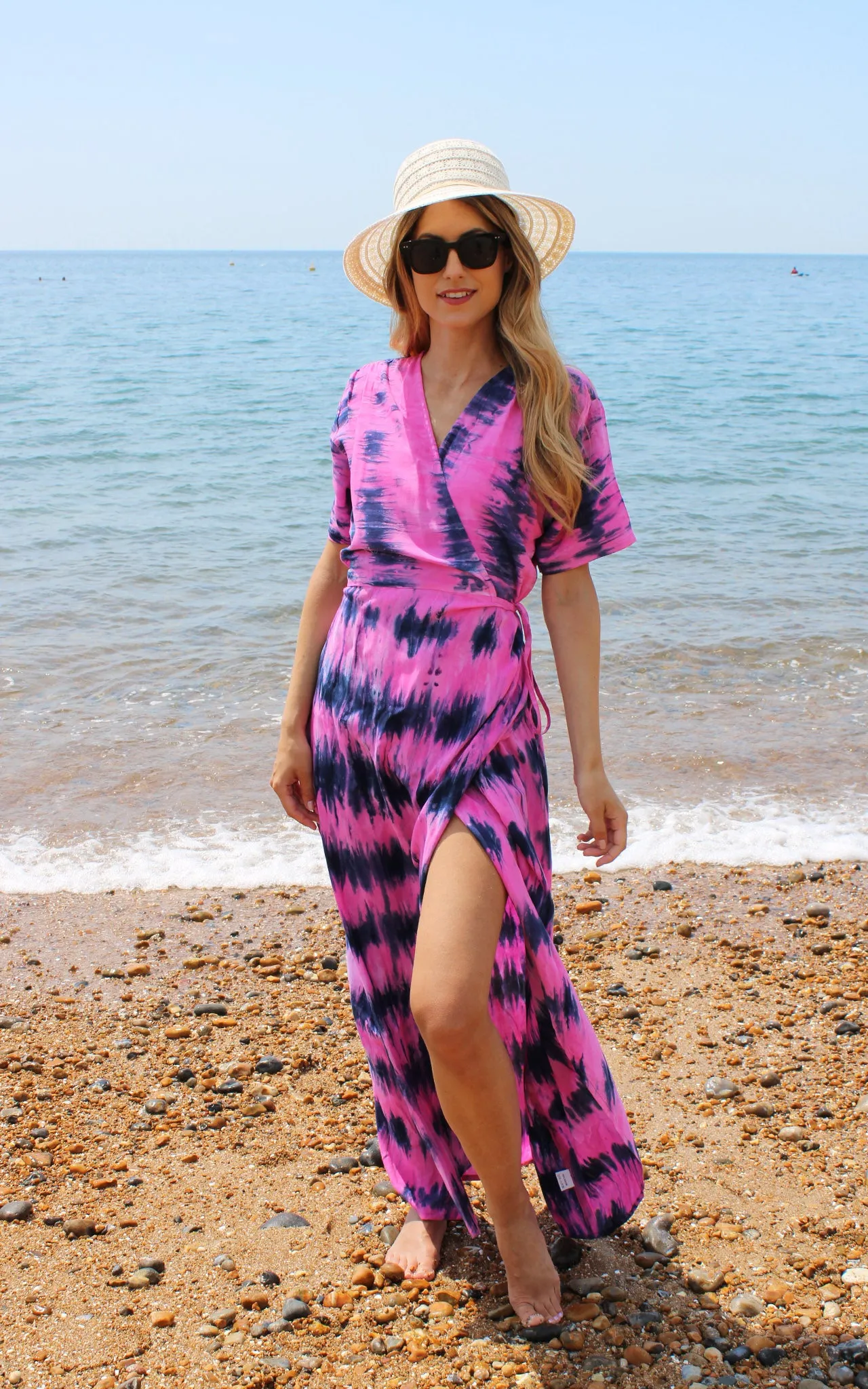 Fuchsia and Blue Tie Dye Wrap Dress