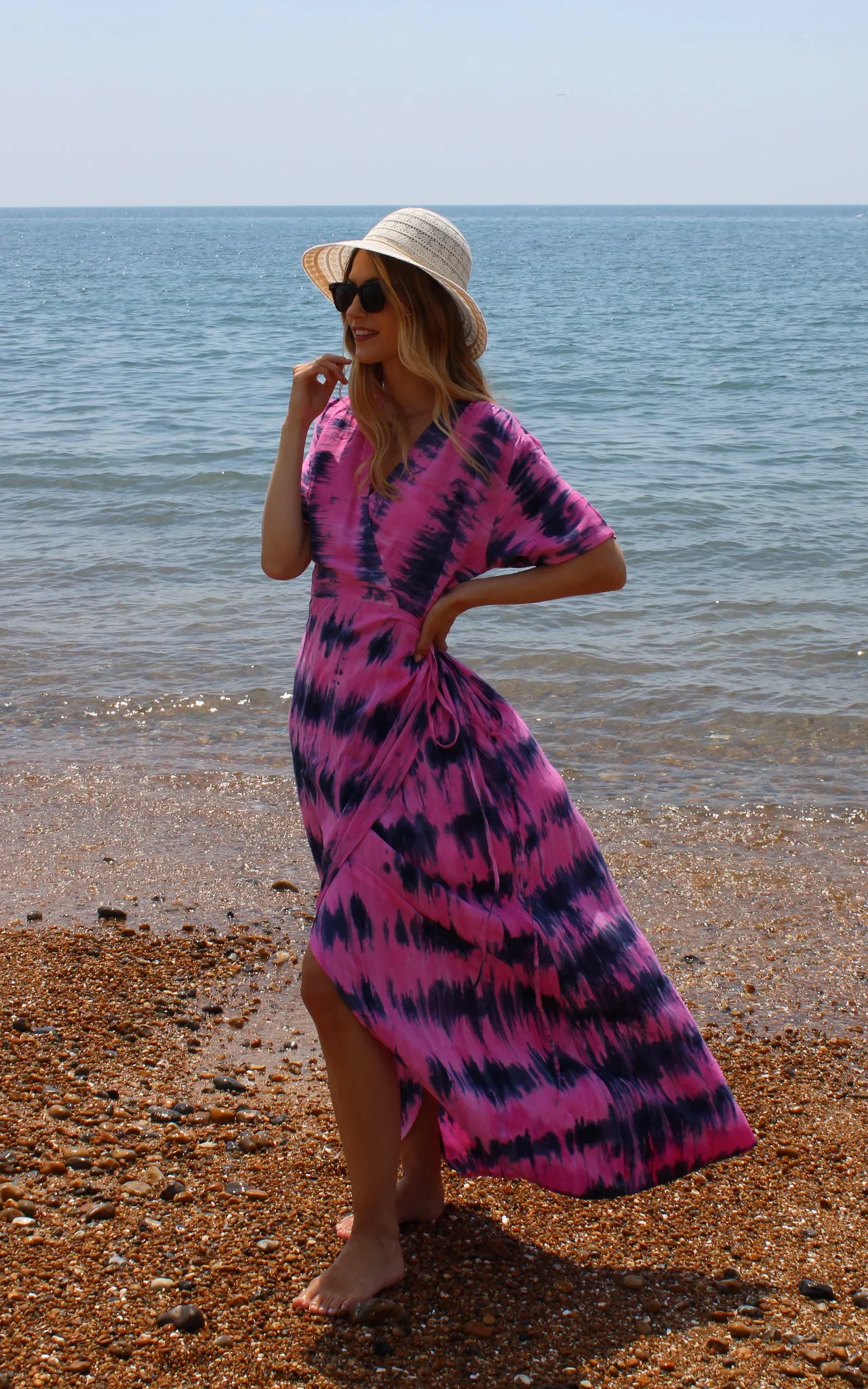 Fuchsia and Blue Tie Dye Wrap Dress