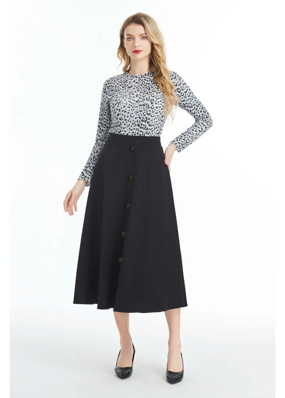 Fully Lined Black Midi Skirt with Front Button Detail