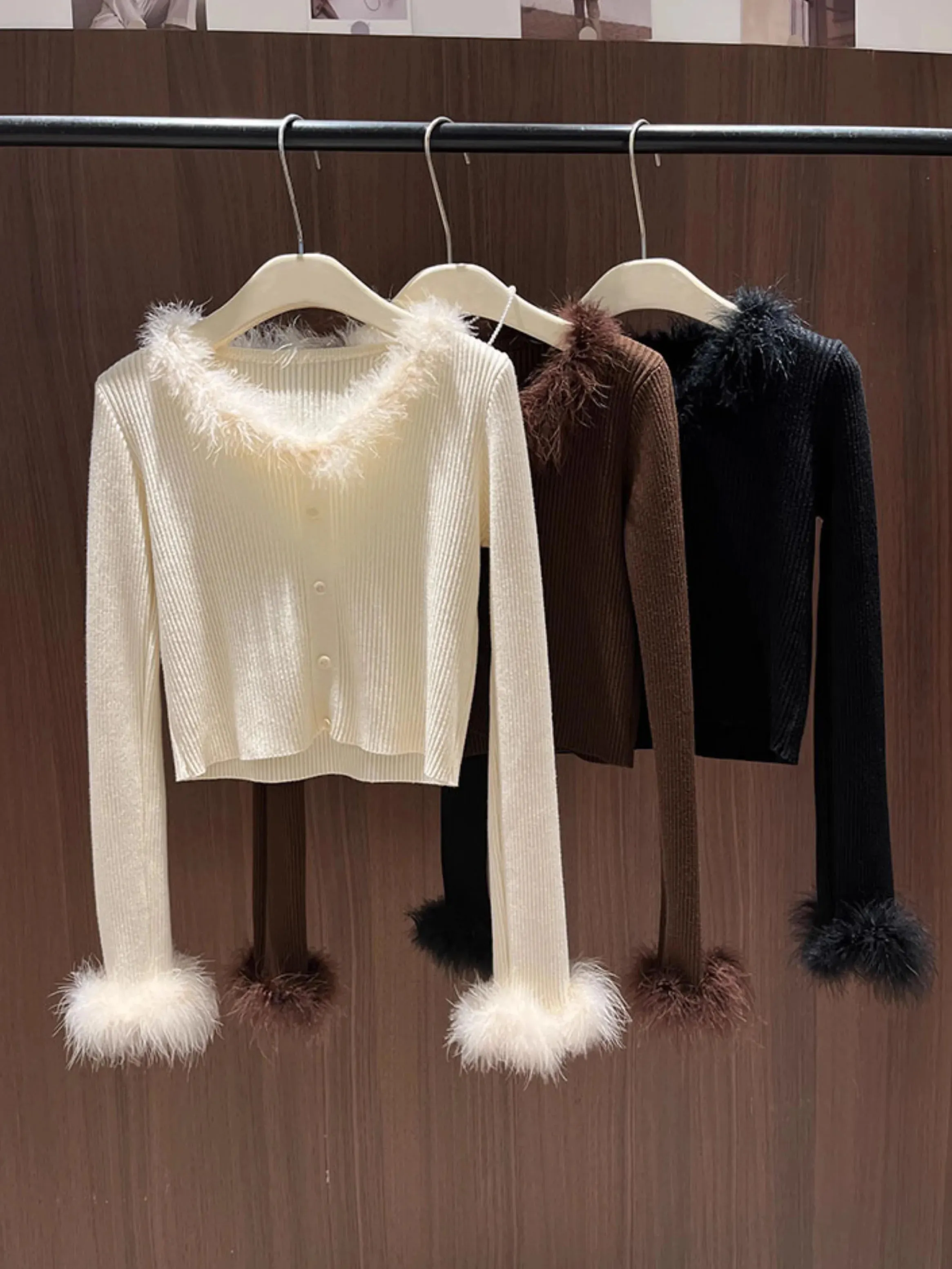 Fur Patchwork V-neck Long Sleeve Short Knitwear Tops 2023 Autumn Winter New Bottoming Women Pullover Knitted Sweaters C-278