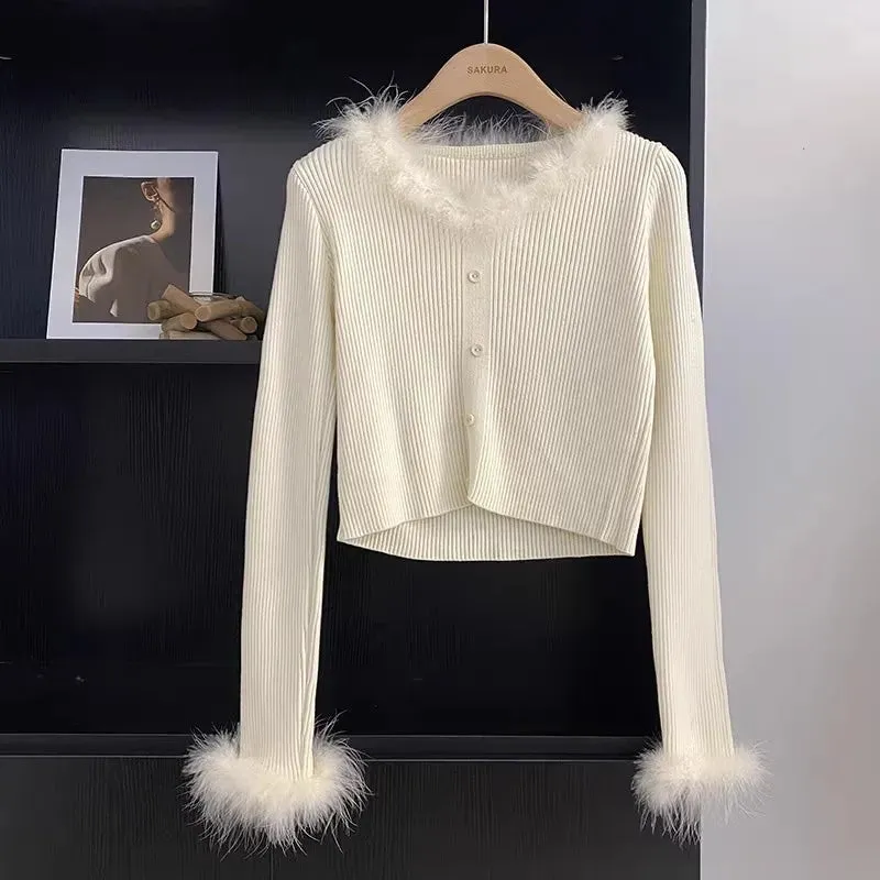 Fur Patchwork V-neck Long Sleeve Short Knitwear Tops 2023 Autumn Winter New Bottoming Women Pullover Knitted Sweaters C-278