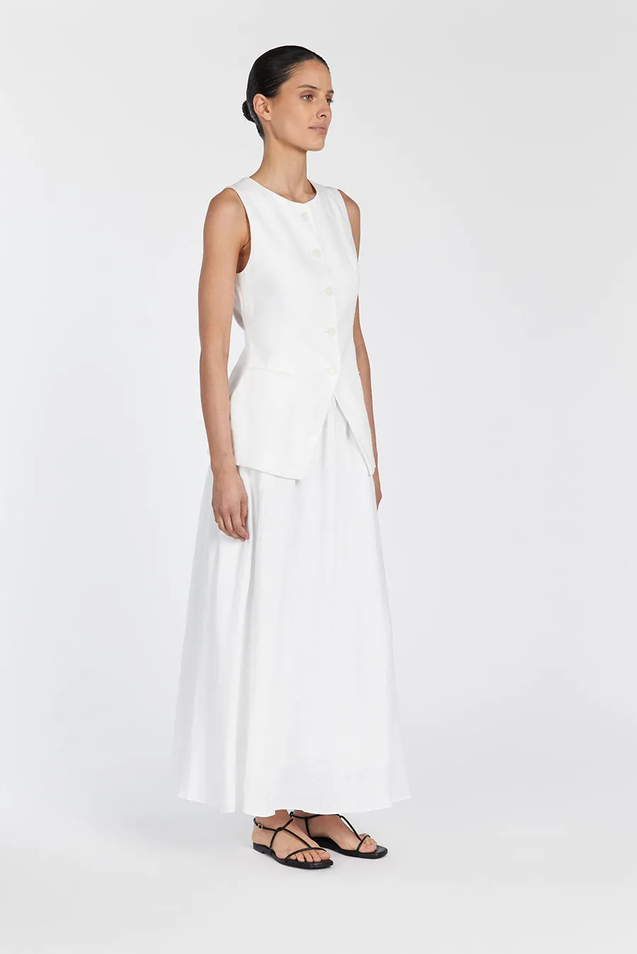 GEMIMA WHITE LINEN MIDI SKIRT