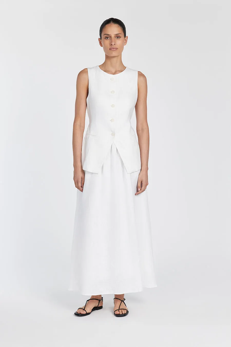 GEMIMA WHITE LINEN MIDI SKIRT