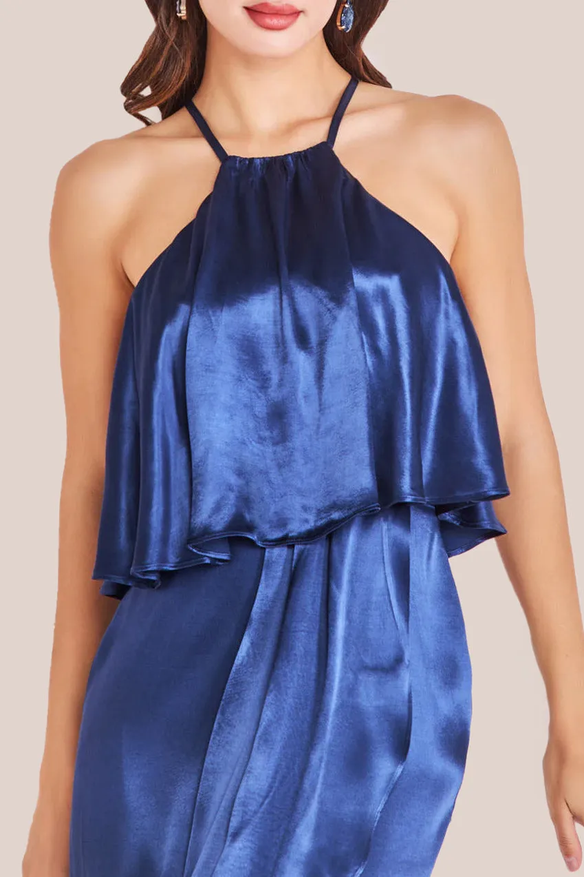 Goddiva Satin Viscose Front Wrap Midaxi Dress - Navy